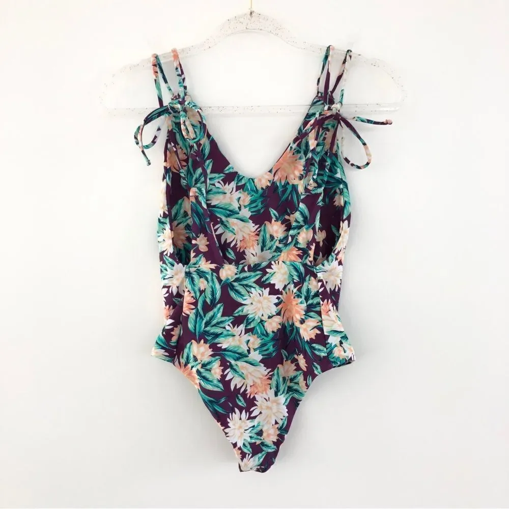 Tori Praver Swimwear Purple Tropical Floral Tie-Shoulder One-Piece